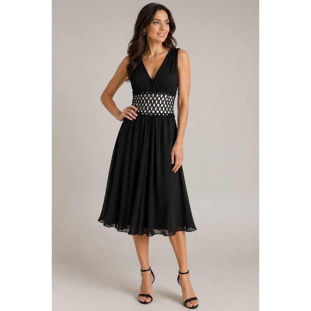 Kay Unger NY Black Cocktail Dress Sz 6 Crochet Waist Pleated V-Neck Midi